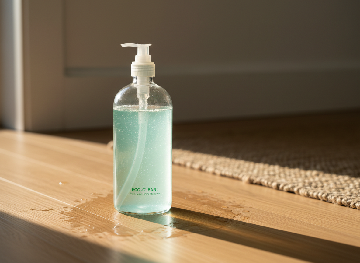 A close-up, side-angle shot of a transparent glass bottle of non-toxic floor cleaner partially filled with pale, mint-tinted liquid, tiny bubbles clinging to the inside. The bottle stands on a freshly mopped, light oak wooden floor with a subtle natural grain, droplets of water still visible nearby. In the softly blurred background, a simple, modern baseboard and a natural fiber rug edge hint at a clean, sustainable home. Warm afternoon natural light streams in from the left, creating elongated, soft shadows and a gentle sheen on the wood. Photographic realism with a rule-of-thirds composition and shallow depth of field, conveying cleanliness, safety, and environmental responsibility.
