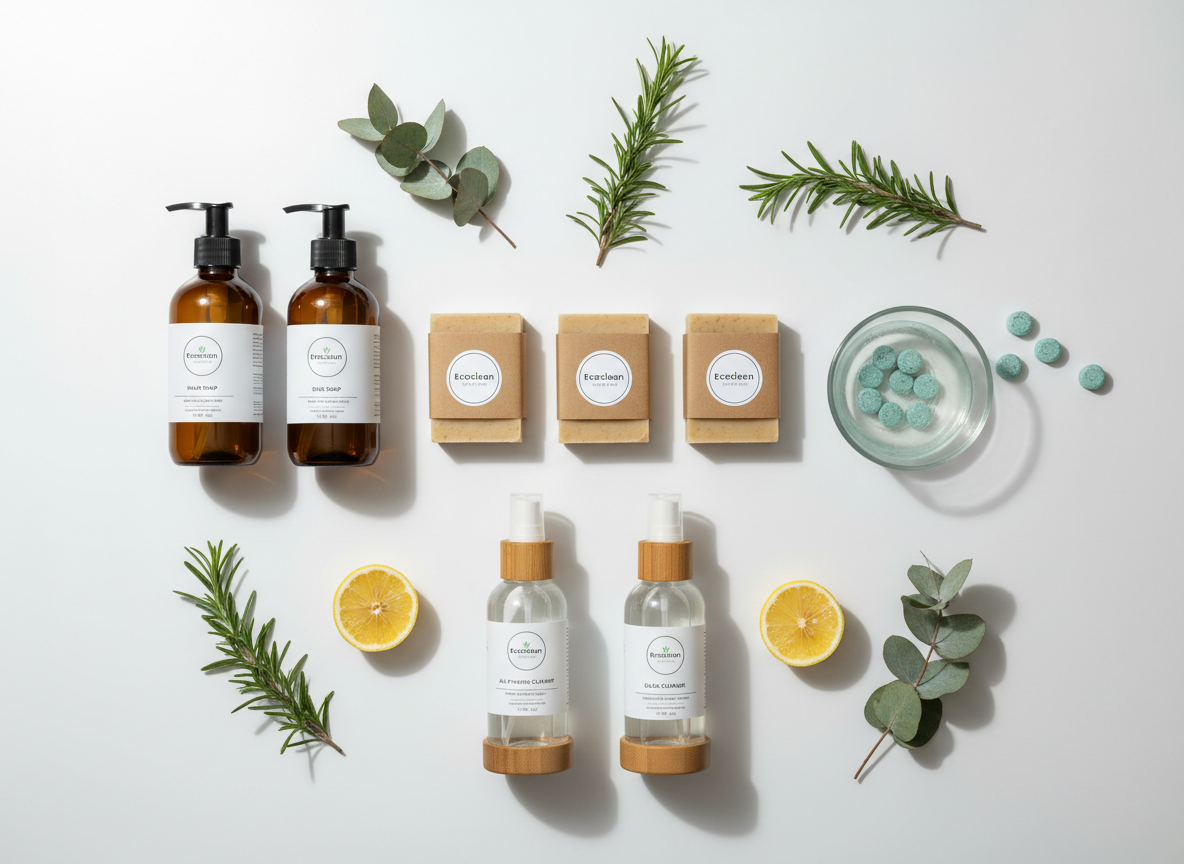 An overhead, flat-lay composition of various Ecoclean products arranged on a matte white surface: solid dish soap bars wrapped in kraft paper, amber glass bottles with pump tops, concentrated cleaner tablets beside a glass bowl of water, and reusable glass spray bottles with bamboo accents. Between the products, sprigs of fresh rosemary, sliced lemon, and eucalyptus leaves are scattered to represent natural ingredients. Soft, diffused daylight from above eliminates harsh shadows, creating a smooth, professional look. Photographic realism with sharp focus throughout and meticulous spacing, forming a balanced, grid-like layout. The mood is organized, informative, and eco-conscious, ideal for an online catalog or ingredient overview section.