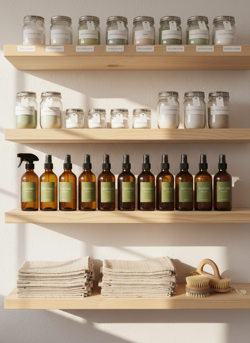 A pantry-style storage shelf dedicated to eco-friendly cleaning: neatly lined rows of labeled glass jars containing refill cleaning powders, glass spray bottles with uniform Ecoclean branding, folded unbleached cotton cloths, and a natural bristle brush with a wooden handle. The shelf is made of untreated, light pine wood against a soft white wall. Warm, indirect daylight from a nearby window casts gentle, horizontal shadows along the shelves, emphasizing order and texture. Photographic realism with an eye-level, wide composition and sharp focus across the entire image. The mood is organized, professional, and reassuring, presenting a sustainable, plastic-free cleaning system ready for daily use.