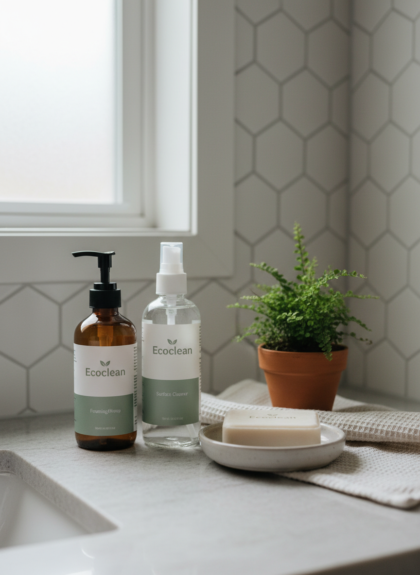 A stylish bathroom vanity scene featuring non-toxic cleaning and personal care products: an amber glass foaming hand soap bottle, a clear glass surface cleaner spray, and a solid cleaner bar in a ceramic dish, all labeled with consistent Ecoclean branding in muted green and white. They rest on a light stone countertop beside a small potted fern and a folded organic cotton towel. The backsplash is made of matte white hexagon tiles, slightly out of focus. Soft, diffused overcast light enters from a frosted window, creating a calm, even illumination with minimal shadows. Photographic realism with a slightly elevated angle and balanced composition, showcasing a serene, professional, spa-like atmosphere that emphasizes non-toxic, plastic-free living.