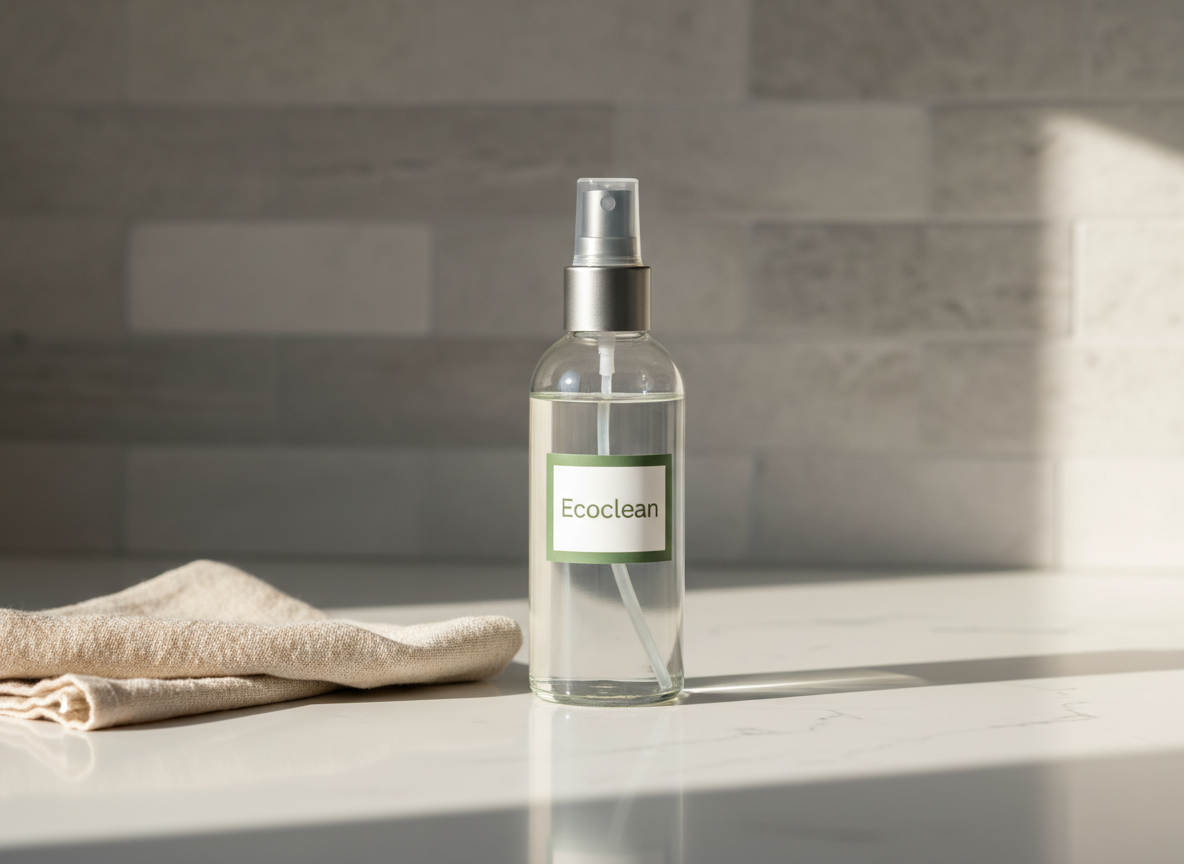 A single, elegantly designed non-toxic all-purpose cleaner in a clear glass spray bottle with a matte metal trigger and minimalist white-and-moss-green label reading “Ecoclean,” standing on a white quartz countertop beside a folded organic cotton cloth. The background shows a softly blurred, sunlit kitchen backsplash of pale grey stone. Soft morning natural light from the right creates crisp yet gentle shadows and a faint reflection on the countertop. Photographic realism with a centered composition and shallow depth of field, emphasizing the product’s clean lines and eco-friendly materials. The atmosphere is professional, hygienic, and calming, suggesting safe, effective cleaning without harsh chemicals.