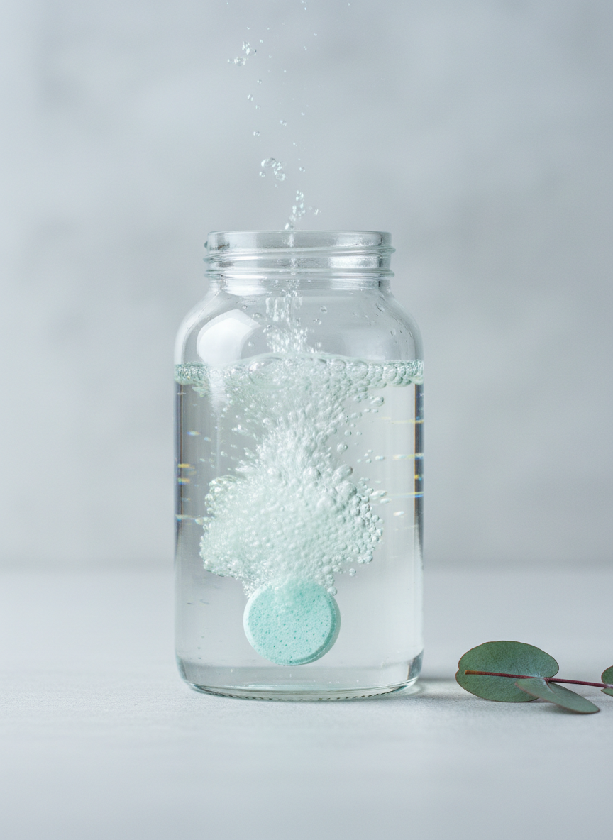 A minimalistic product focus image of an Ecoclean concentrated cleaning tablet dissolving in a clear glass jar of water, tiny bubbles rising and creating a cloudy swirl in the liquid. The jar sits on a smooth, pale concrete surface with a single eucalyptus leaf lying beside it. The background is a softly blurred light grey wall with subtle texture. Cool, diffused studio lighting from the front and slightly above ensures even illumination and crisp detail without harsh contrast. Photographic realism with tight framing and centered composition, evoking innovation, purity, and scientific precision while highlighting the waste-reducing, plastic-free concept of concentrated cleaners.