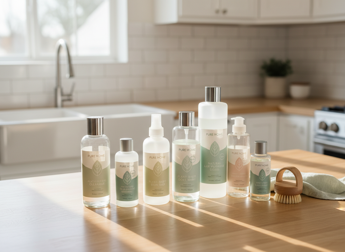 A collection of non-toxic cleaning products arranged neatly on a smooth, light oak countertop, each in clear glass or frosted glass refillable bottles with brushed metal or bamboo lids, and labels in soft greens and whites emphasizing natural ingredients. In the background, a bright, uncluttered modern kitchen with white subway tiles and a stainless steel sink is softly blurred. Natural daylight pours in from an unseen window to the left, creating gentle reflections on the glass and subtle shadows. Photographic realism with a clean, modern, professional aesthetic, shot at eye level with a shallow depth of field. The mood is fresh, pure, and trustworthy, highlighting eco-friendly, plastic-free packaging.